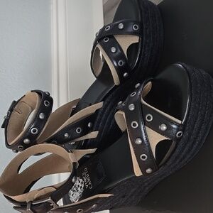 Wedge Leather Black Sandals